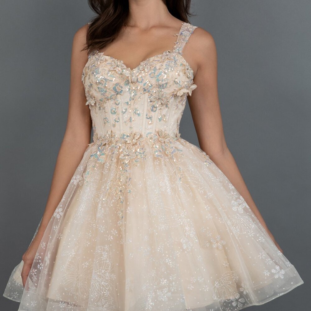 New Formal Sequins Embellished Floral Mini Layered Dress w/ Lace Up JT976L